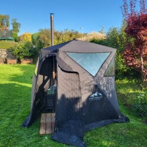 Starter Kit Aurora (2026): Saunazelt Penta + Saunaofen Nebula + Bürste