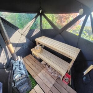 Starter Kit Aurora (2026): Saunazelt Penta + Saunaofen Nebula + Bürste