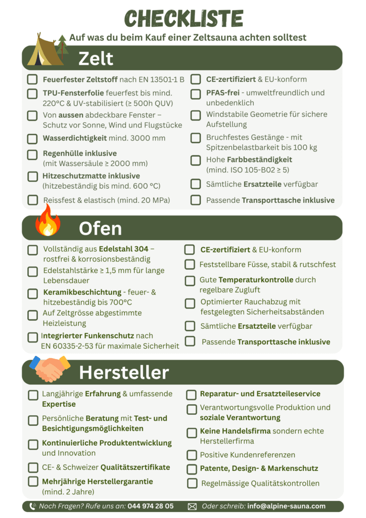 Swiss Alpine Sauna - Checkliste Zeltsauna